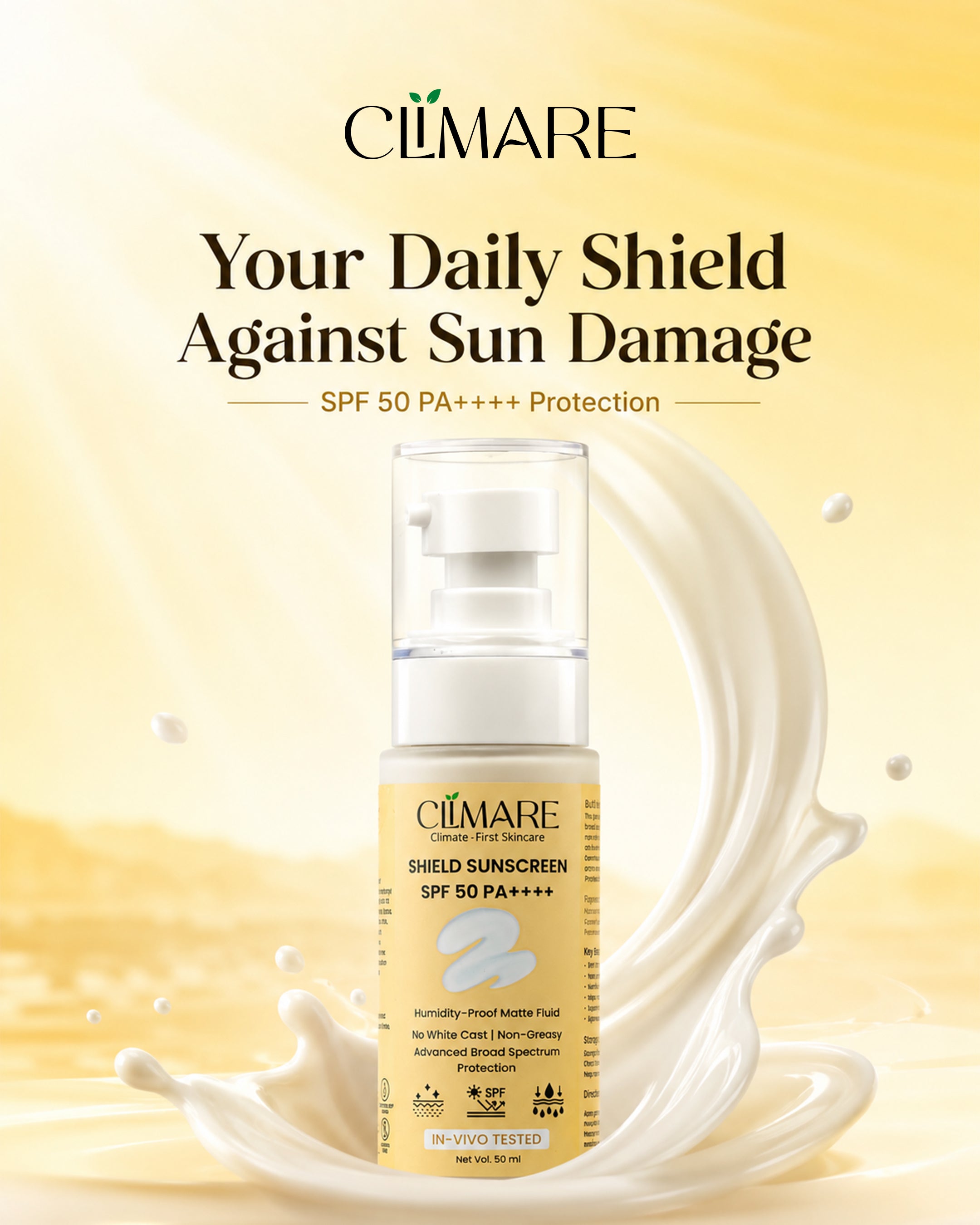 CLIMARE SPF 50 PA++++ Invisible Sunscreen | Lightweight Gel | No White Cast | Broad Spectrum UVA/UVB Protection | 50ml