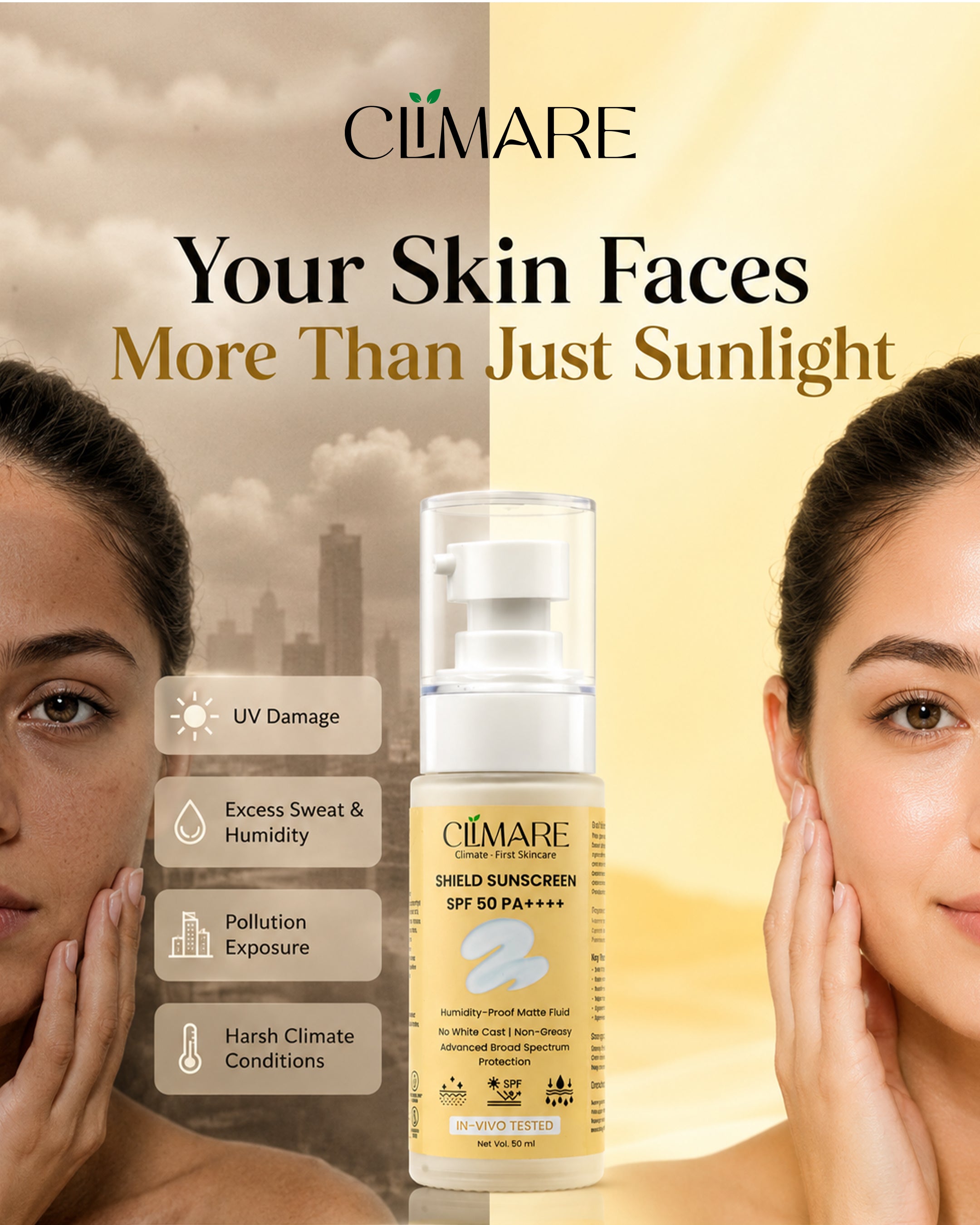 CLIMARE SPF 50 PA++++ Invisible Sunscreen | Lightweight Gel | No White Cast | Broad Spectrum UVA/UVB Protection | 50ml