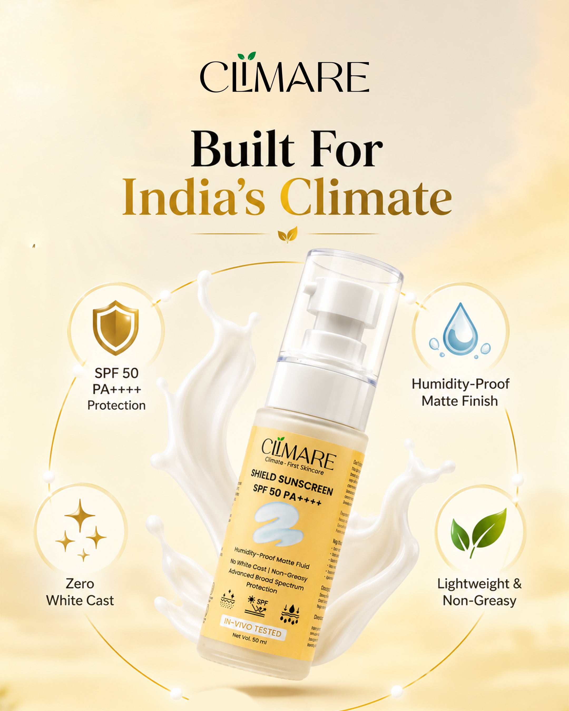 CLIMARE SPF 50 PA++++ Invisible Sunscreen | Lightweight Gel | No White Cast | Broad Spectrum UVA/UVB Protection | 50ml