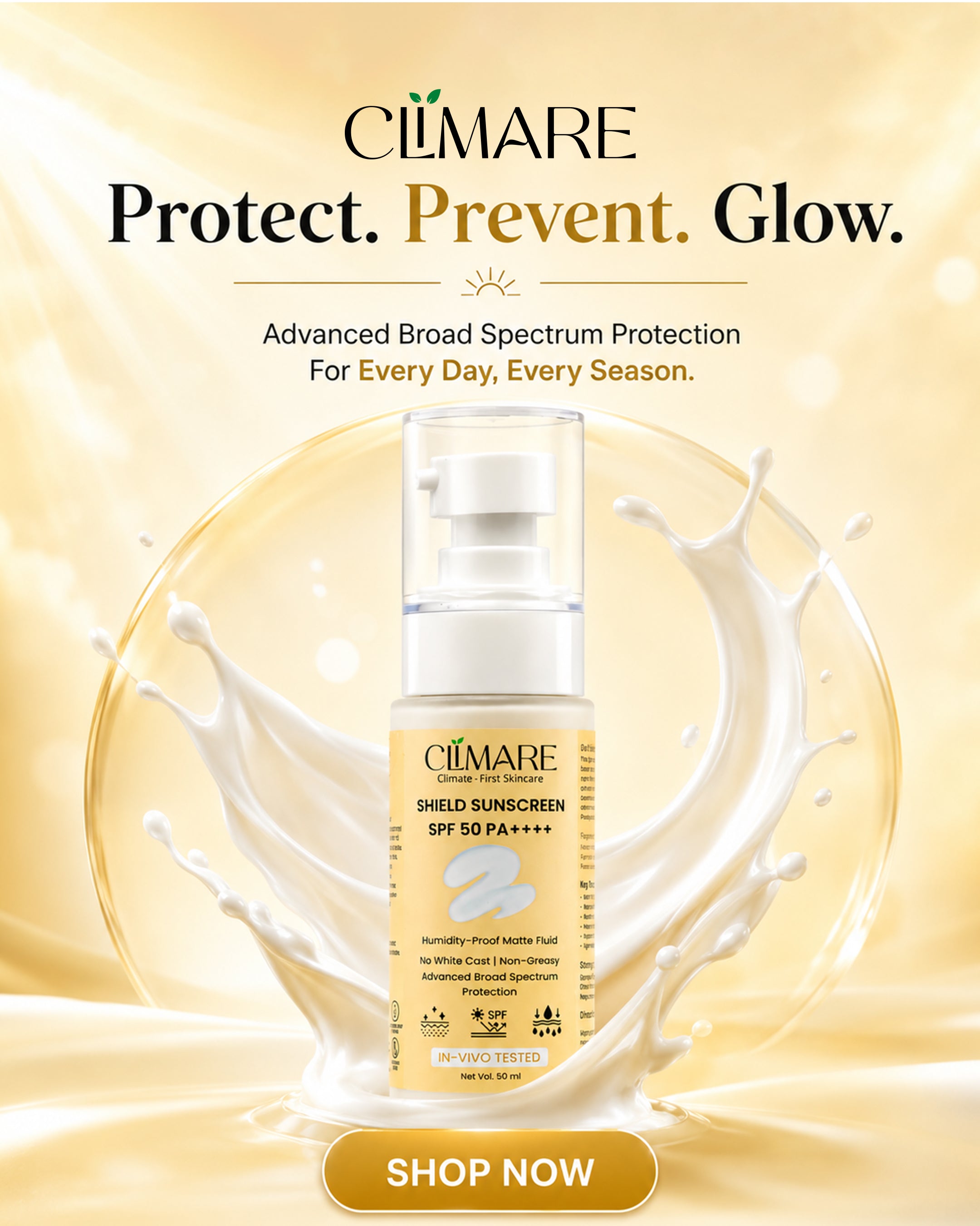 CLIMARE SPF 50 PA++++ Invisible Sunscreen | Lightweight Gel | No White Cast | Broad Spectrum UVA/UVB Protection | 50ml